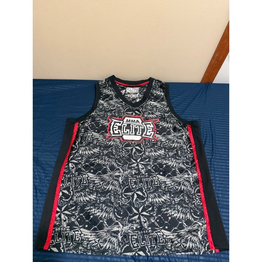 MMA Elite Mens Jersey Tank Top Large Black Gray Graphic Mesh Sleeveless Shirt